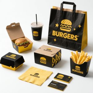 Custom Black Burger and Fries Packaging Set