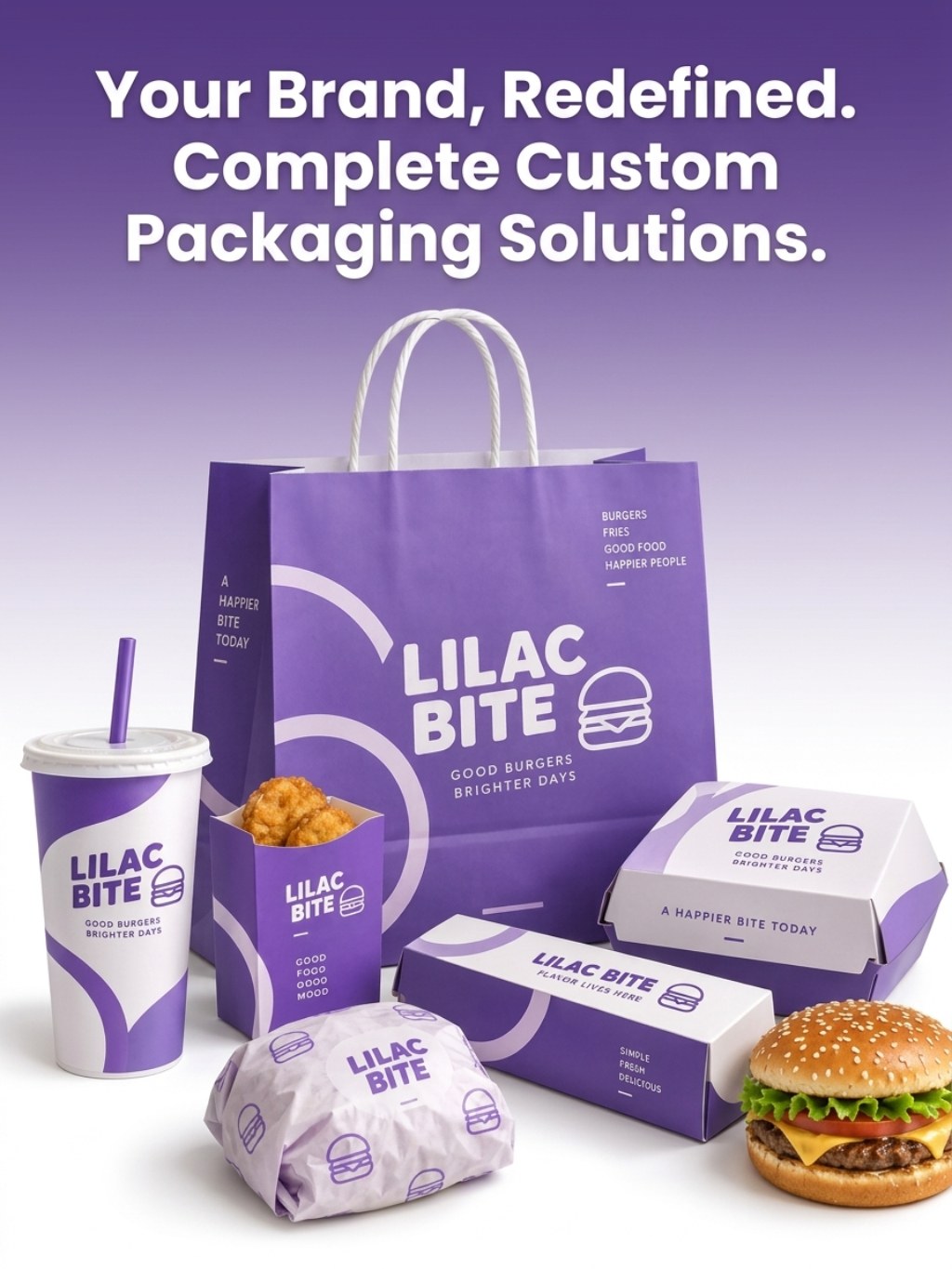 Custom Purple Burger Takeaway Packaging Set