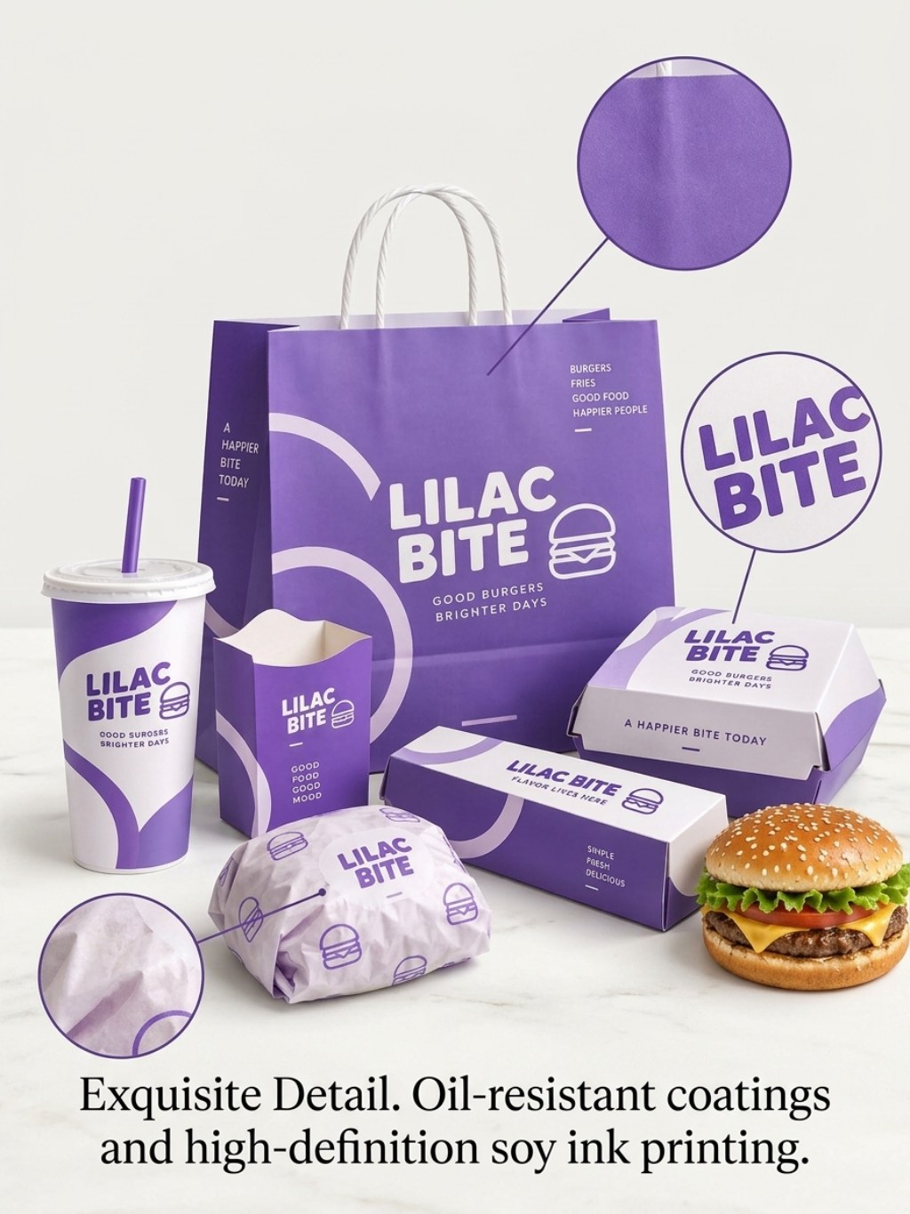 Custom Purple Burger Takeaway Packaging Set