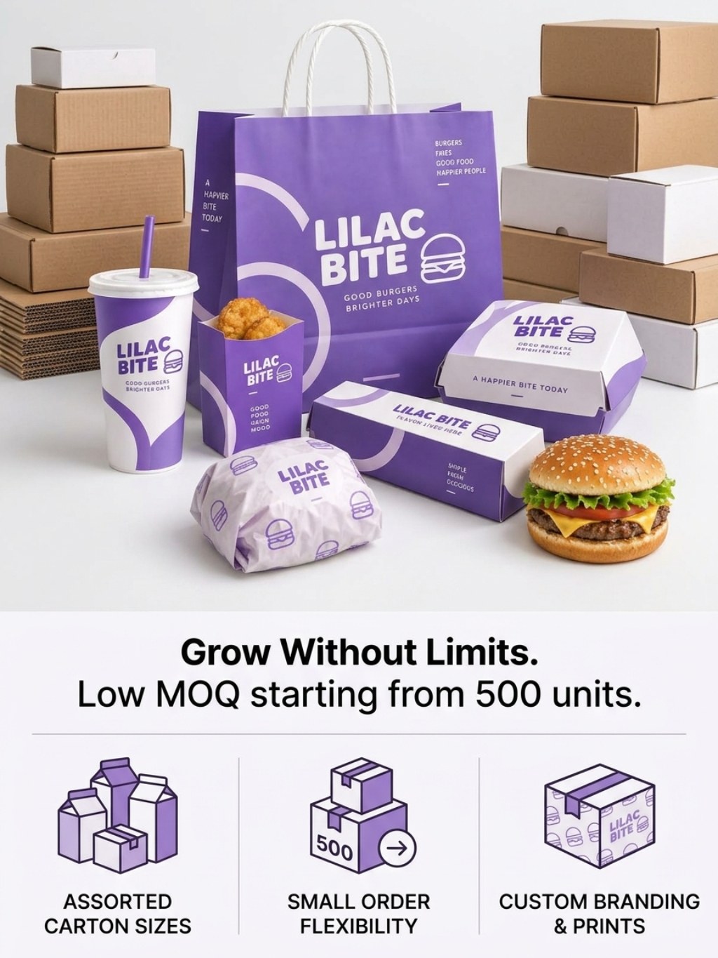 Custom Purple Burger Takeaway Packaging Set
