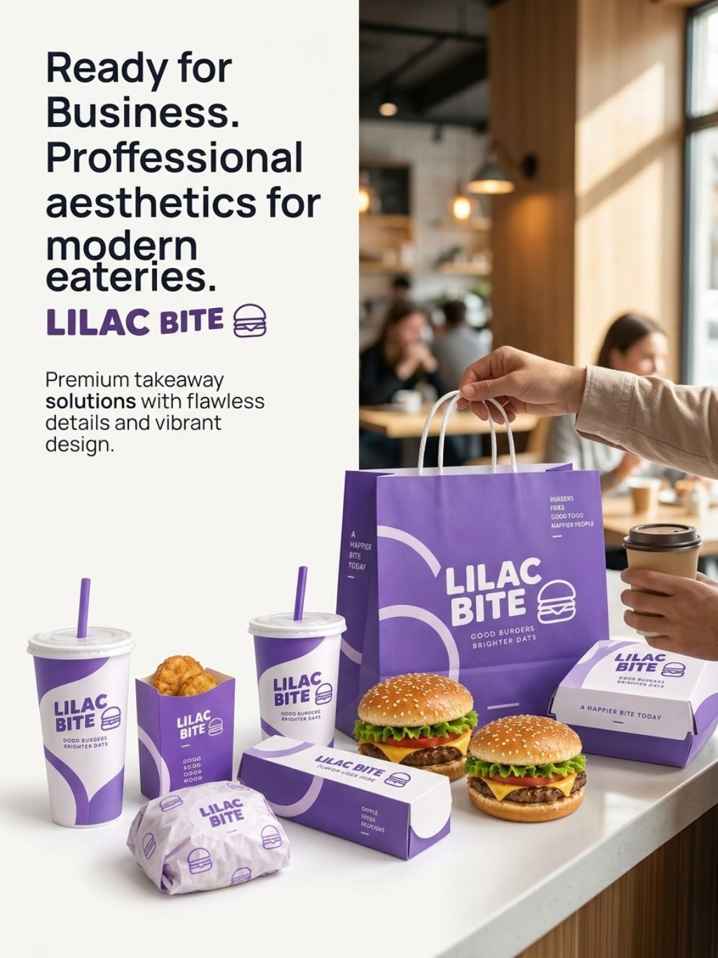 Custom Purple Burger Takeaway Packaging Set