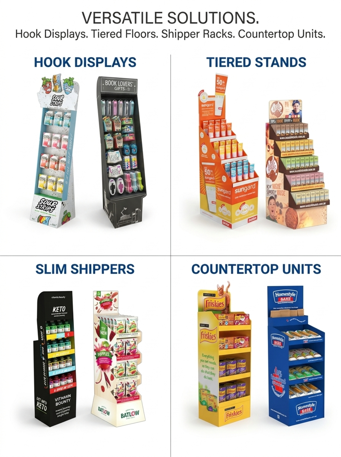 Custom hook displays, tiered stands, slim shippers and countertop display units